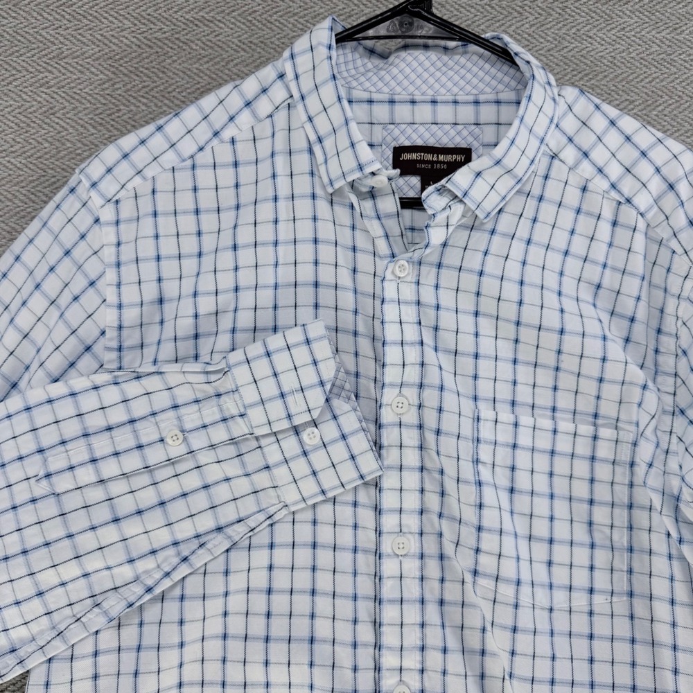 Johnston & Murphy Button Down Shirt L White Blue Grid Long Sleeve Casual Preppy